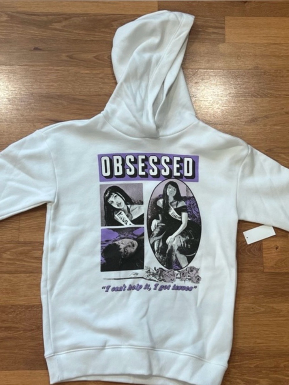 Old Navy White Hoodie with Purple and Black 'OBSESSED' Graphic Olivia Rodrigo